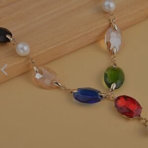Simulated Multi Gemstone and White Pearl Necklace 22-23 Inches in Goldtone